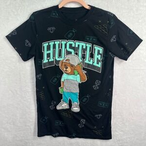 Launder Hustle T-Shirt Mens Small Black Graphic Bear Money Hip Hop Streetwear